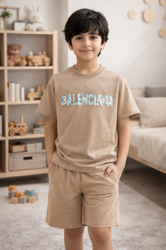 ست تیشرت و شلوارک پسرانه طرح Balenciaga | پنبه یکرو لاکردار و شلوارک دورس دونخ