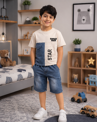 ست تیشرت و شلوارک پسرانه طرح star تیشرت پنبه لاکرا و شلوارک لی